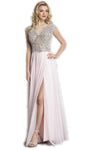 Sexy A-line Floor Length Natural Waistline Illusion Slit Sheer Jeweled Fitted Crystal Pleated Jeweled Neck Cap Sleeves Evening Dress/Prom Dress