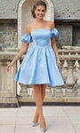 A-line Strapless Puff Sleeves Sleeves Cocktail Short Satin Back Zipper Open-Back Gathered Natural Waistline Straight Neck Beaded Trim Party Dress