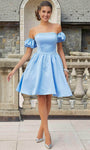 A-line Strapless Satin Beaded Trim Puff Sleeves Sleeves Gathered Open-Back Back Zipper Natural Waistline Cocktail Short Straight Neck Party Dress