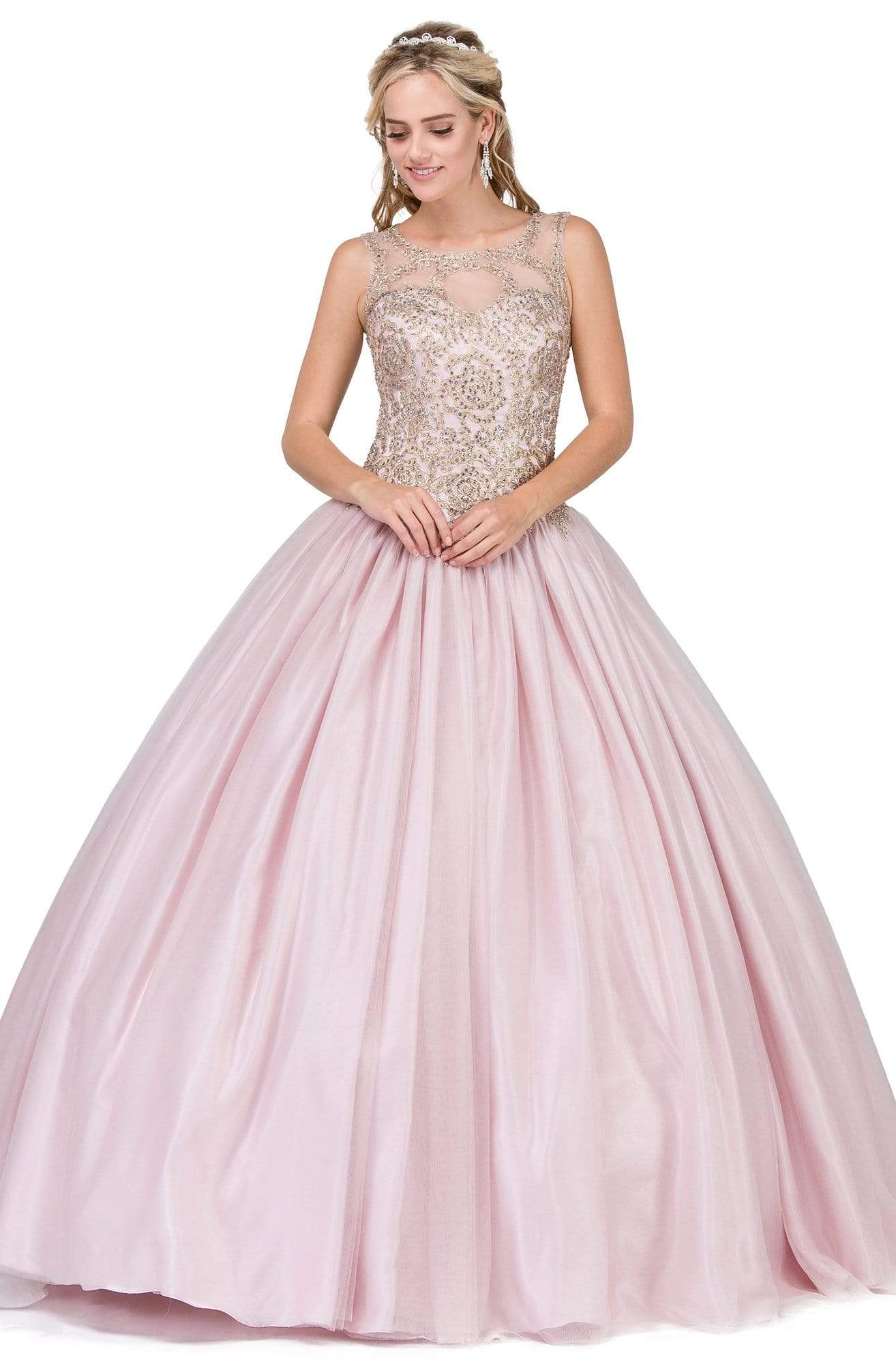 Dancing Queen - 1101 Gold Embroidered Illusion Neck Formal Ball Gown
