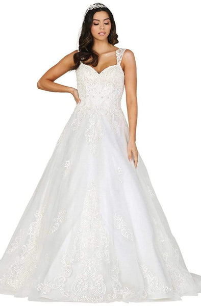 A-line Sweetheart Natural Waistline Lace Thick Straps Embroidered Lace-Up Pleated Fitted Sheer Floor Length Wedding Dress with a Chapel Train