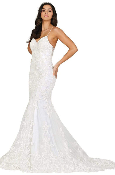 Fall Sweetheart Mermaid Sleeveless Spaghetti Strap Natural Waistline Fitted Embroidered Open-Back Sheer Back Back Zipper Floor Length Lace Wedding Dress with a Chapel Train