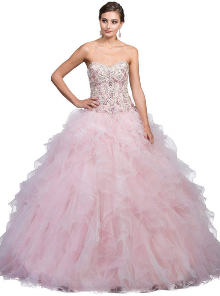 Strapless Sweetheart Basque Waistline Jeweled Lace-Up Quinceanera Dress With Ruffles