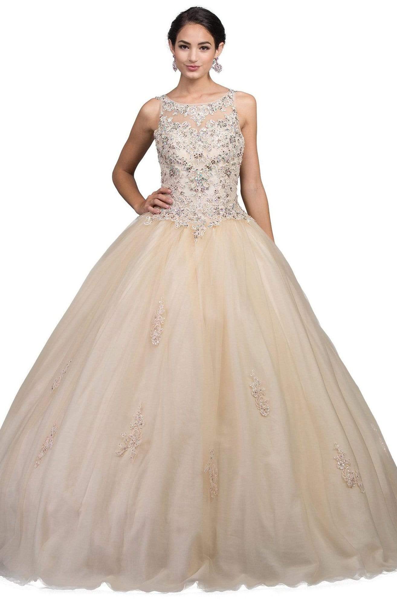 Dancing Queen - 1228 Illusion Bateau Neck Beaded Lace Quinceanera Gown