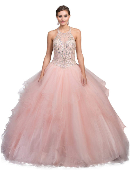 Sophisticated Basque Waistline Fitted Open-Back Jeweled Lace-Up Tiered Sheer Sleeveless Halter Sweetheart Quinceanera Dress