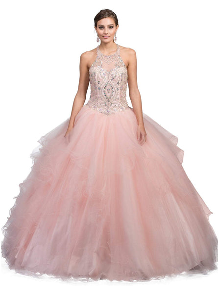 Sophisticated Halter Sweetheart Sleeveless Open-Back Lace-Up Fitted Sheer Tiered Jeweled Basque Waistline Quinceanera Dress