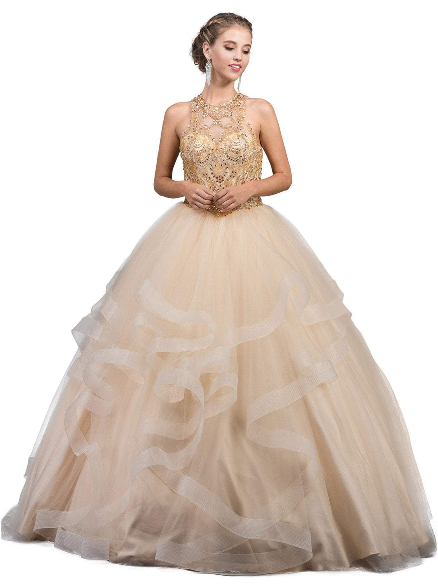 Dancing Queen - 1253 Bedazzled Halter Neck Quinceanera Ballgown
