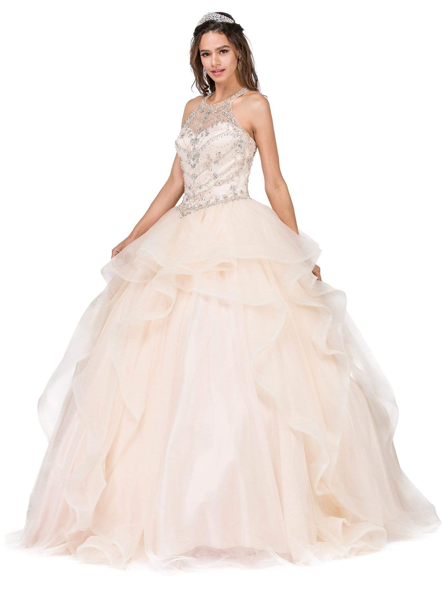 Dancing Queen - 1279 Illusion Halter Ruffled Quinceanera Gown