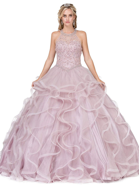 Sexy Sleeveless Basque Waistline Back Zipper Lace-Up Sheer Glittering Floor Length Halter Sweetheart Quinceanera Dress with a Brush/Sweep Train With Ruffles