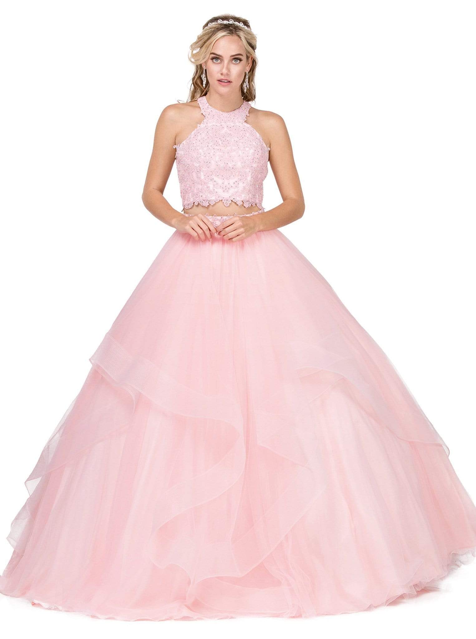 Dancing Queen - 1310 Two Piece Beaded Lace Halter Quinceanera Ballgown
