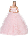 Floral Print Sweetheart Off the Shoulder Basque Waistline Lace-Up Applique Fitted Crystal Quinceanera Dress With Ruffles