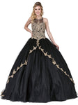 Sleeveless Basque Waistline Halter Applique Sheer Fitted Illusion Lace-Up Quinceanera Dress