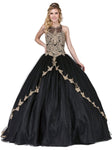 Basque Waistline Fitted Lace-Up Applique Illusion Sheer Sleeveless Halter Quinceanera Dress