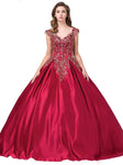 V-neck Floral Print Cap Sleeves Floor Length Beaded Pleated Lace-Up Applique Corset Waistline Dress