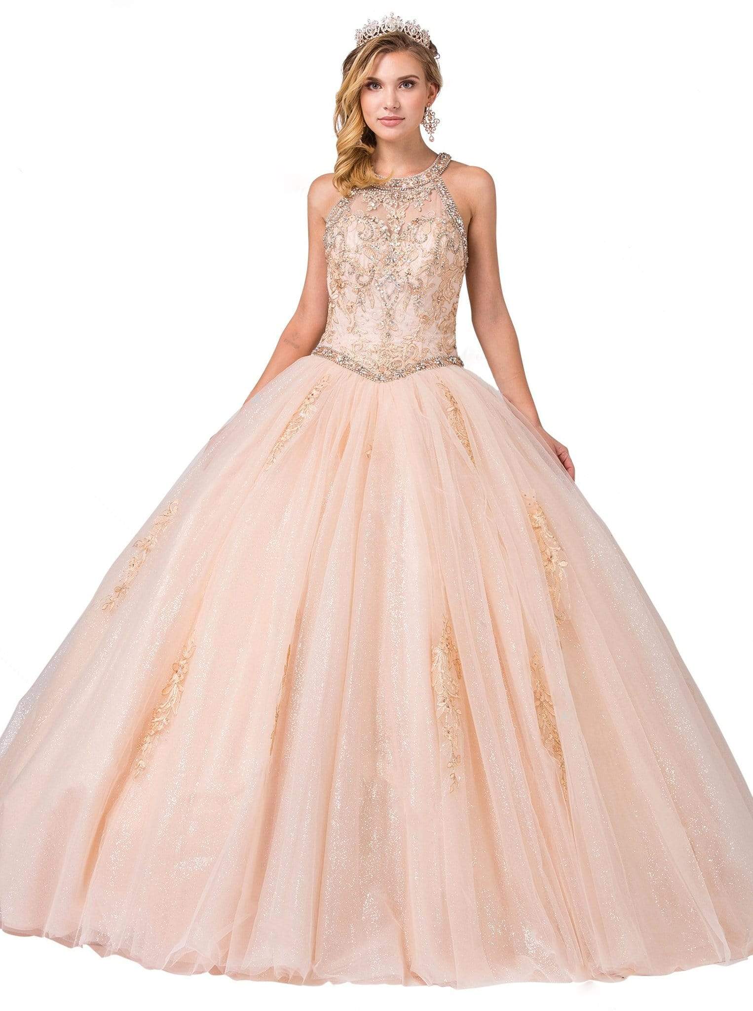Dancing Queen - 1346 Jeweled Lace Appliqued Halter Ballgown
