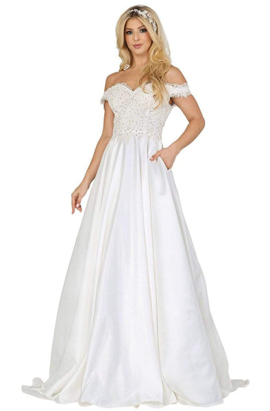 A-line Natural Princess Seams Waistline Off the Shoulder Floor Length Back Zipper Pleated Pocketed Open-Back Wedding Dress with a Brush/Sweep Train