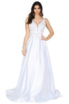 A-line V-neck Sleeveless Sheer V Back Pleated Back Zipper Fitted Plunging Neck Floor Length Natural Waistline Wedding Dress with a Brush/Sweep Train