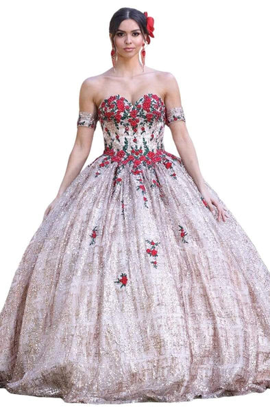 Beaded Pleated Applique Fitted Floral Print Basque Waistline Off the Shoulder Floor Length Sweetheart Quinceanera Dress with a Brush/Sweep Train