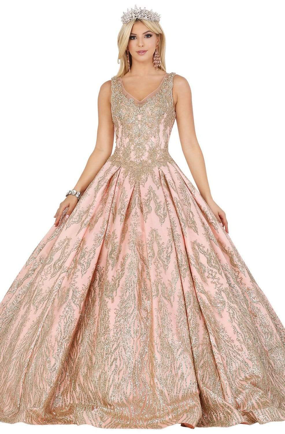 Dancing Queen - 1508 Embellished V-neck Pleated Ballgown
