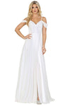 A-line V-neck Floor Length Natural Waistline Lace Off the Shoulder Fitted Slit Applique Dress
