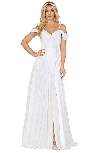 A-line V-neck Floor Length Natural Waistline Lace Off the Shoulder Fitted Slit Applique Dress