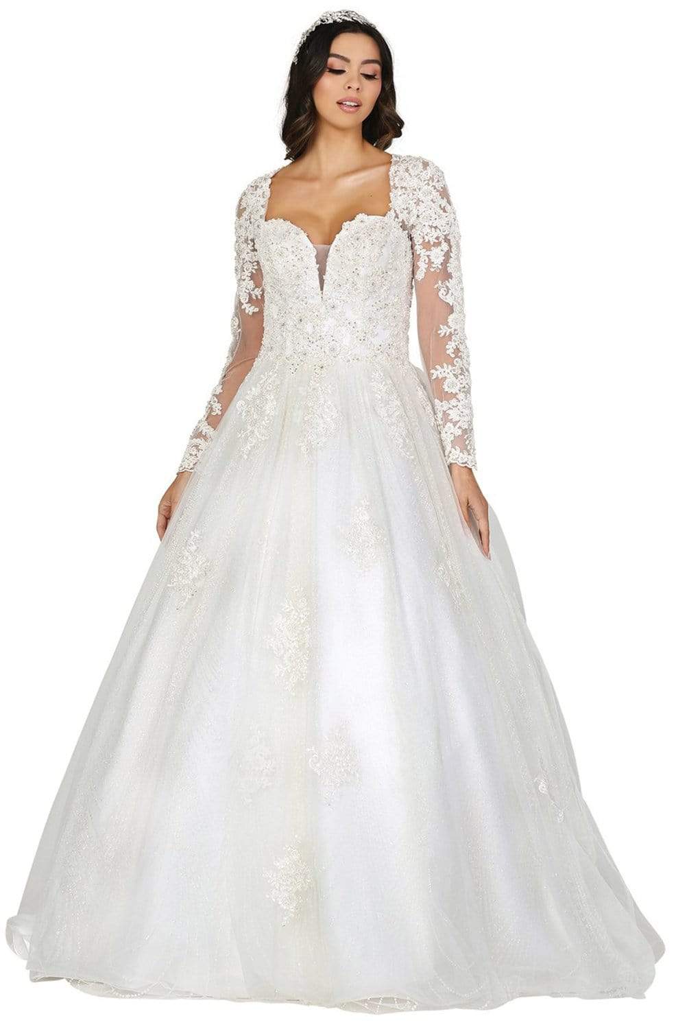 Dancing Queen - 156 Embroidered Long Sleeve Deep Sweetheart Gown
