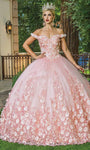 Floral Print Tulle Sweetheart Off the Shoulder Basque Corset Waistline Applique Lace-Up Beaded Open-Back Ball Gown Dress with a Brush/Sweep Train