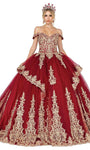 Off the Shoulder Basque Corset Waistline Tiered Applique Lace Ball Gown Dress with a Court Train With Rhinestones