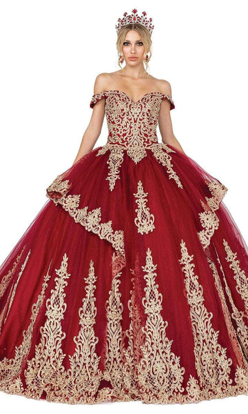 Lace Off the Shoulder Applique Tiered Basque Corset Waistline Ball Gown Dress with a Court Train With Rhinestones