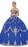 Off the Shoulder Applique Embroidered Fitted Lace-Up Natural Waistline Lace Ball Gown Quinceanera Dress with a Brush/Sweep Train