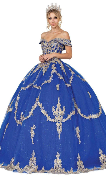 Off the Shoulder Natural Waistline Fitted Lace-Up Embroidered Applique Lace Ball Gown Quinceanera Dress with a Brush/Sweep Train