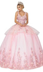 Sophisticated V-neck Floral Print Applique Tiered Basque Corset Waistline Ball Gown Dress with a Court Train With Rhinestones