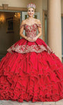 Tall Peplum Applique Embroidered Tiered Draped Basque Corset Waistline Off the Shoulder Ball Gown Quinceanera Dress with a Court Train With Rhinestones and Ruffles