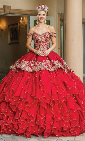 Tall Tiered Applique Embroidered Draped Peplum Basque Corset Waistline Off the Shoulder Ball Gown Quinceanera Dress with a Court Train With Rhinestones and Ruffles