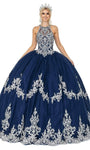 Tall Halter Beaded Sheer Glittering Applique Cutout Basque Corset Waistline Ball Gown Dress with a Court Train