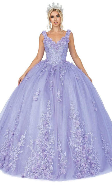 V-neck Tulle Natural Waistline Floor Length Floral Print Fit-and-Flare Fitted Glittering Applique Lace-Up V Back Sleeveless Ball Gown Dress with a Brush/Sweep Train
