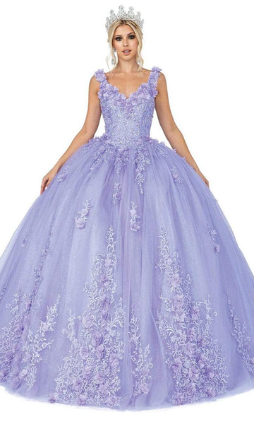 V-neck Tulle Floor Length Applique Fitted Lace-Up V Back Glittering Sleeveless Floral Print Natural Waistline Fit-and-Flare Ball Gown Dress with a Brush/Sweep Train