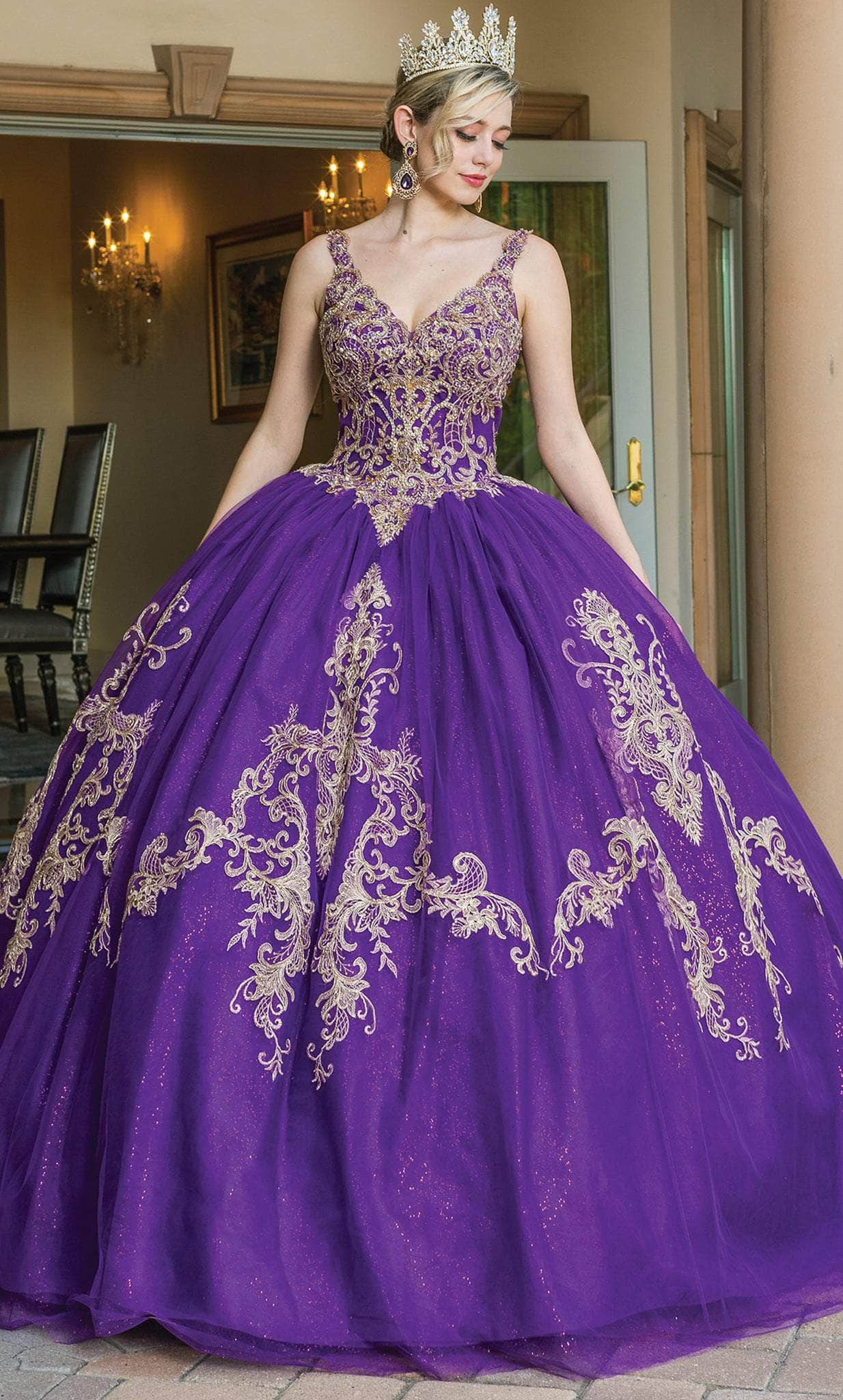 Dancing Queen 1635 - V-Neck Lace Appliqued Ballgown
