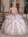 Off the Shoulder Basque Corset Waistline Lace Applique Peplum Beaded Draped Quinceanera Dress with a Brush/Sweep Train