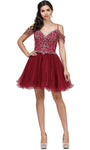 A-line Fit-and-Flare Fitted Tiered Open-Back Beaded Sheer Lace-Up Draped Jeweled Cold Shoulder Sleeves Off the Shoulder Corset Natural Waistline Cocktail Short Sweetheart Dress With Rhinestones