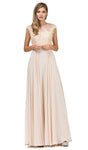 A-line Floral Print Pleated Illusion Flowy Sheer Back Jeweled Sheer Banding Cap Sleeves Evening Dress
