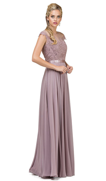 A-line Floral Print Flowy Banding Jeweled Sheer Sheer Back Pleated Illusion Cap Sleeves Evening Dress