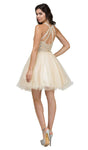 Sheer Applique Fitted Floral Print Cocktail Above the Knee Sleeveless Tulle Halter Party Dress