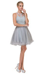 Floral Print Sheer Fitted Applique Halter Sleeveless Cocktail Above the Knee Tulle Party Dress