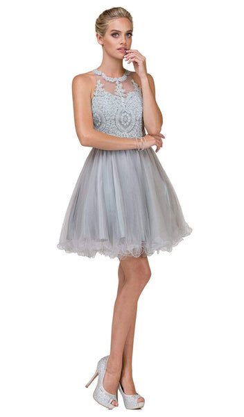 Tulle Fitted Applique Sheer Cocktail Above the Knee Floral Print Sleeveless Halter Party Dress