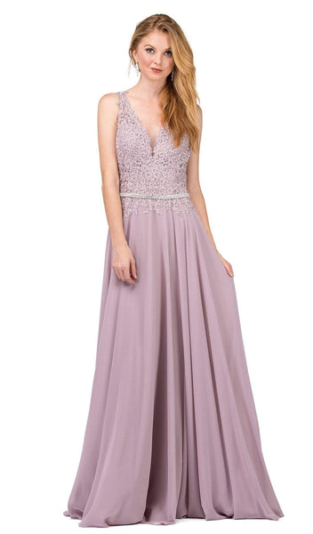 Sophisticated A-line V-neck Lace Sleeveless Elasticized Waistline Floor Length Sheer Belted Fitted V Back Beaded Prom Dress