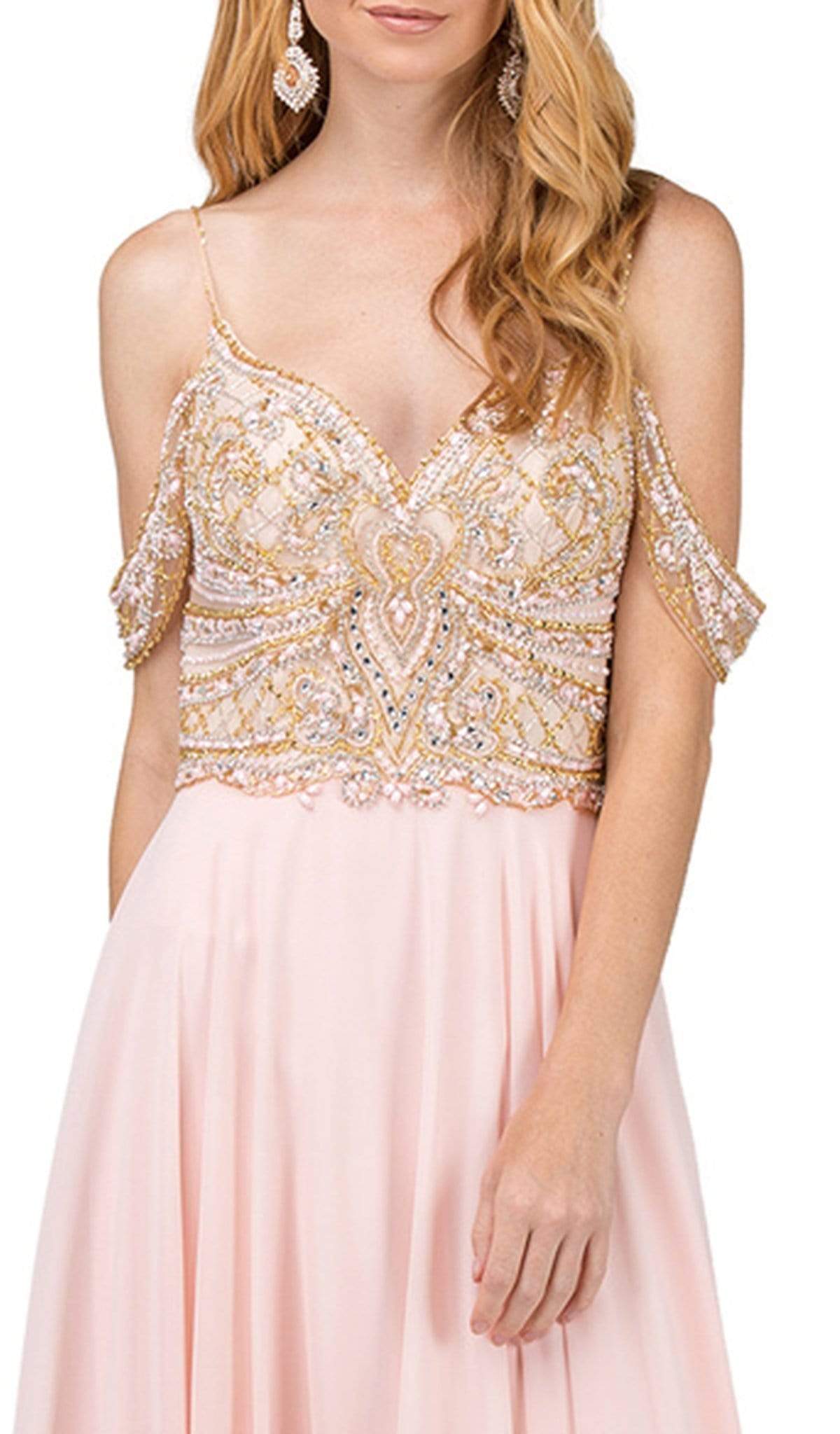 Dancing Queen - 2252 Cold Shoulder Sleeves Beaded A-line Prom Gown
