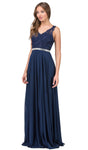 A-line V-neck Open-Back Flowy Fitted Belted Applique Lace Sleeveless Evening Dress/Prom Dress with a Brush/Sweep Train