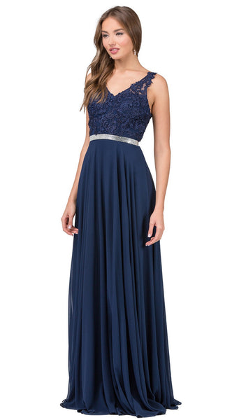 A-line V-neck Belted Fitted Open-Back Flowy Applique Lace Sleeveless Evening Dress/Prom Dress with a Brush/Sweep Train