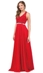 A-line V-neck Applique Open-Back Flowy Fitted Belted Lace Sleeveless Evening Dress/Prom Dress with a Brush/Sweep Train